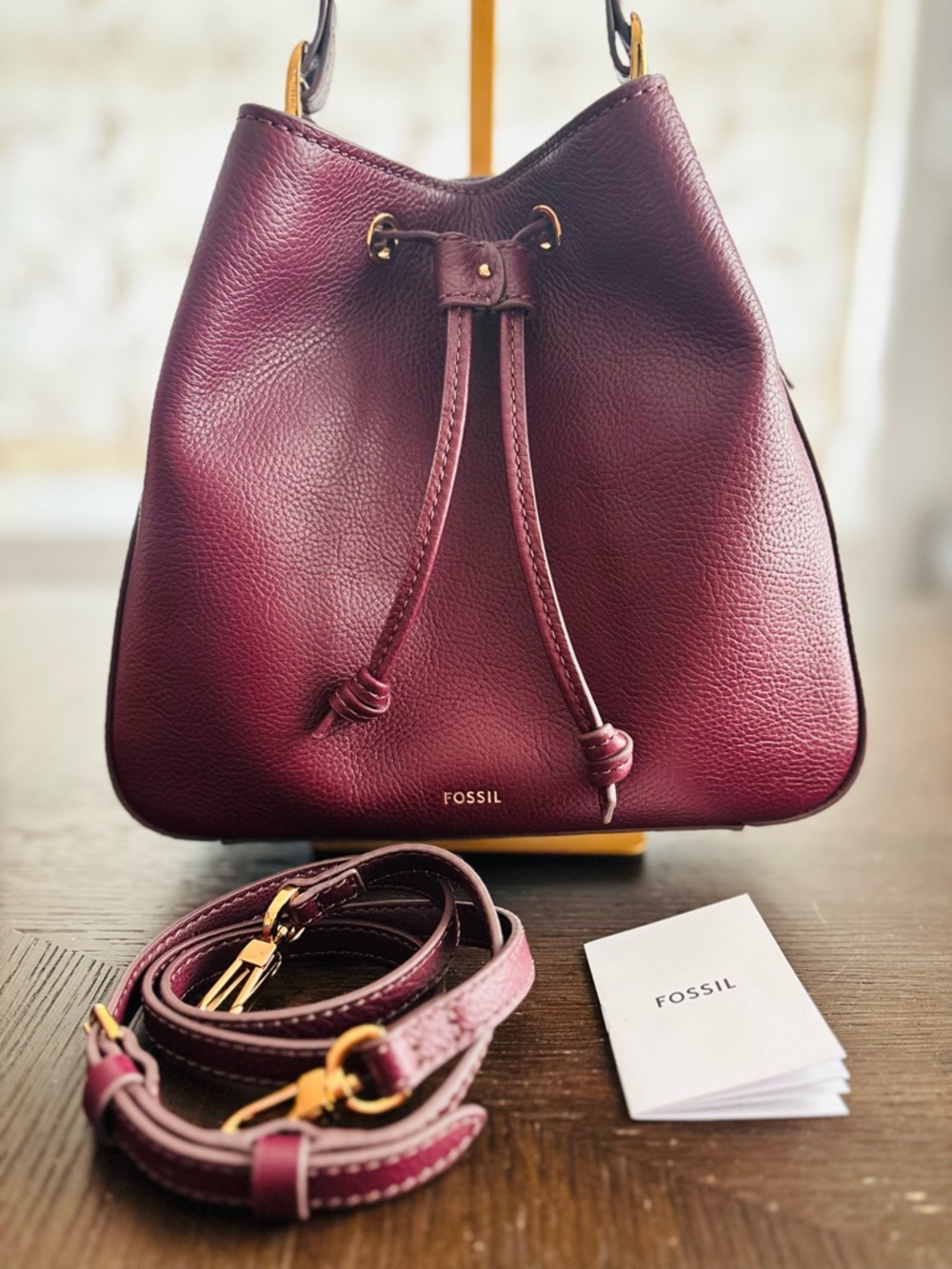 NWOT Fossil Plum Pebbled Leather Bucket Bag Crossbody